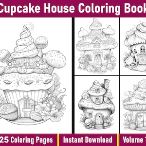 Cupcake Houses Coloring Book Volume 1 | Printable Cupcake Coloring Pages | Grayscale Coloring Book for Adults | Instant Download PDF File