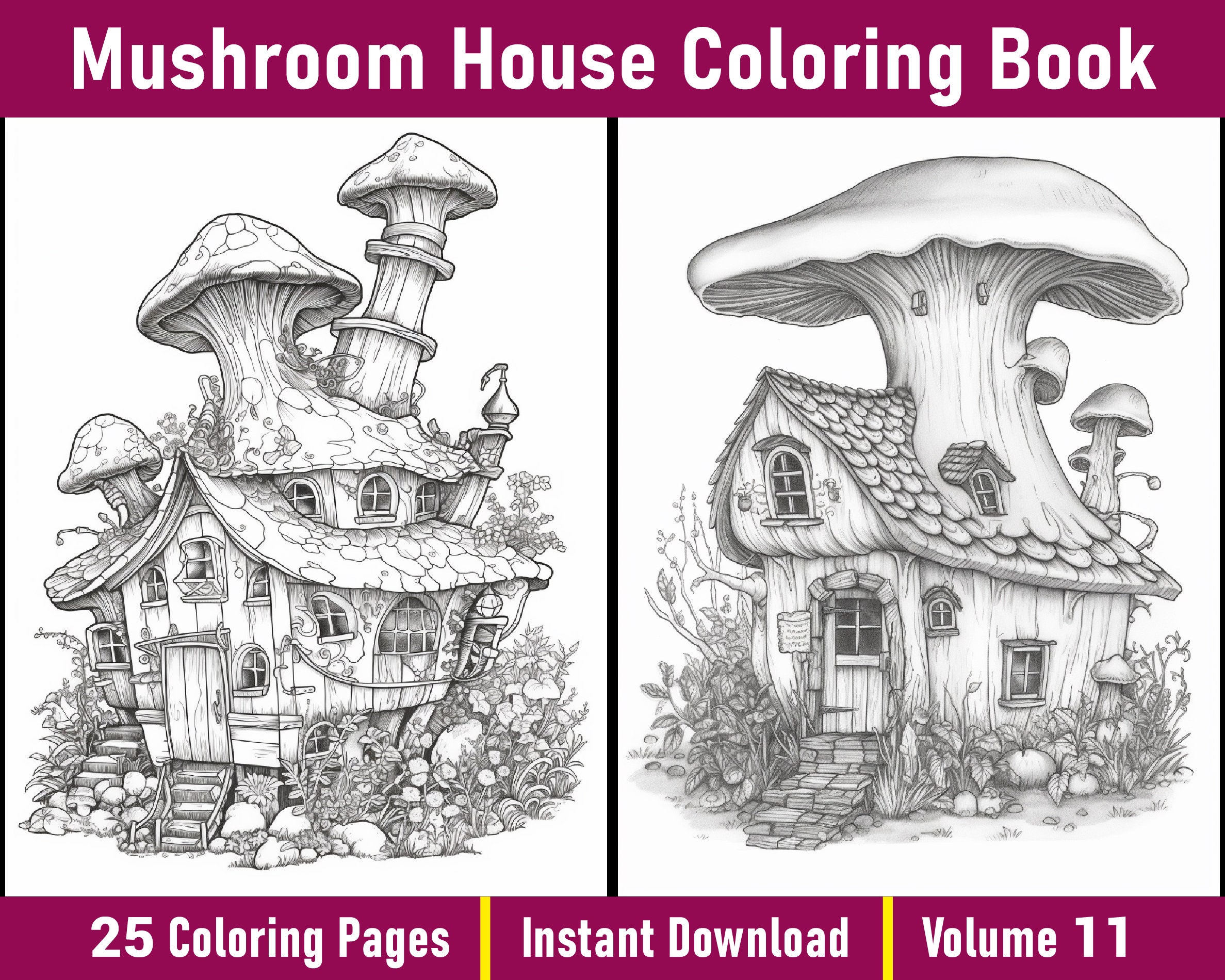 Mushroom House Coloring Book | Grayscale Fairy Homes (printable PDF) - Etsy