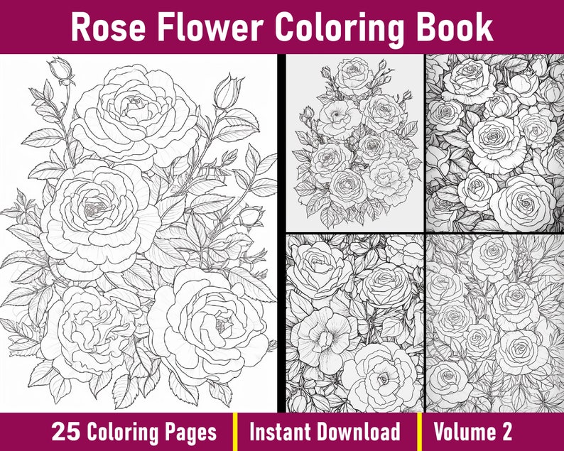 Colorful Roses Book Rose Coloring Book | 25 Printable Flower Pages, Volume 2 (PDF File) - Etsy
