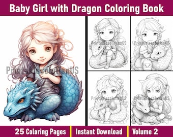 Baby Girl with Dragon Coloring Book Pages Volume 2 | Baby Girl Coloring Pages | Grayscale Colouring Book | Printable PDF | Instant Download