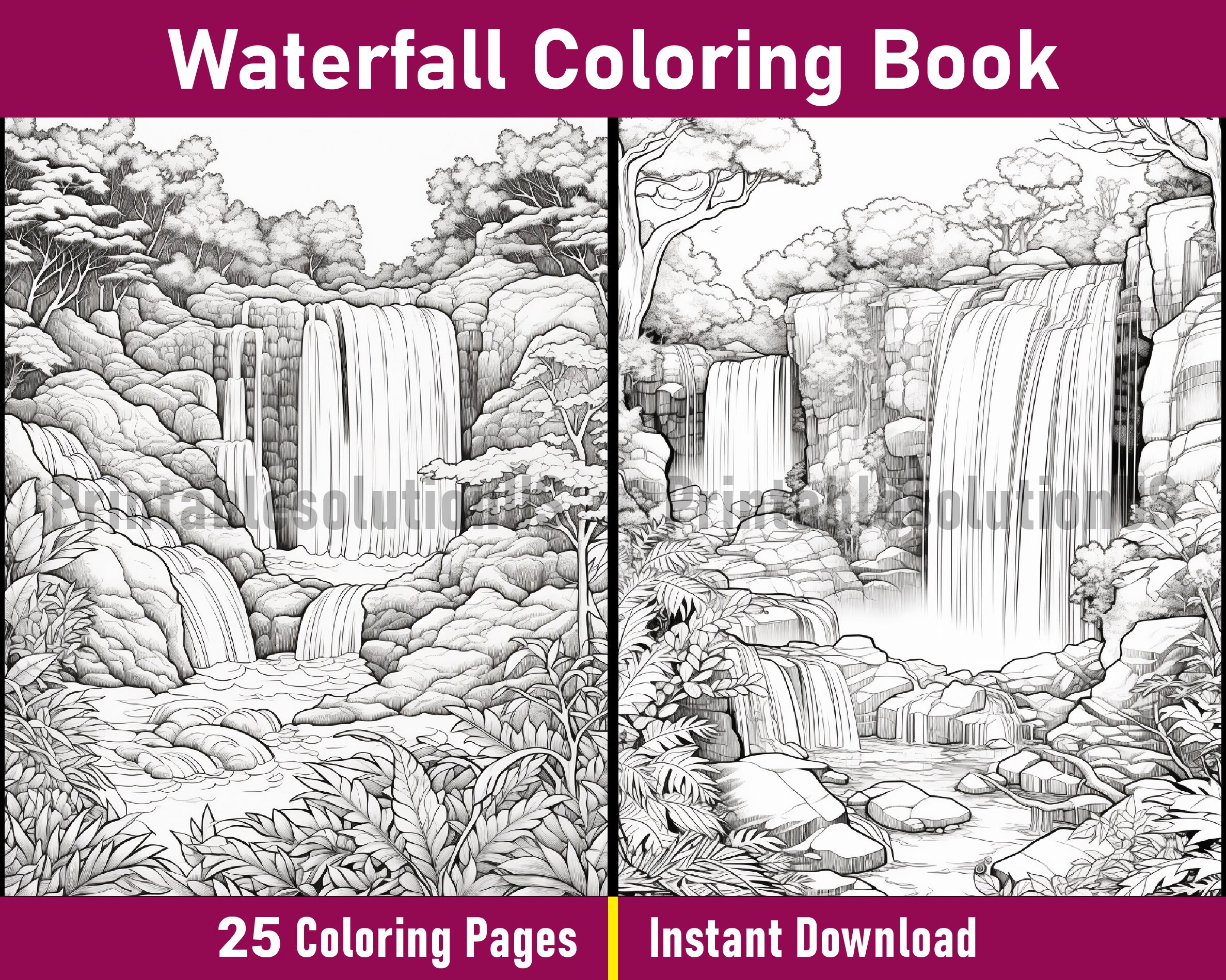 Waterfall Coloring Book V-4 Printable Nature Coloring Pages Black and ...