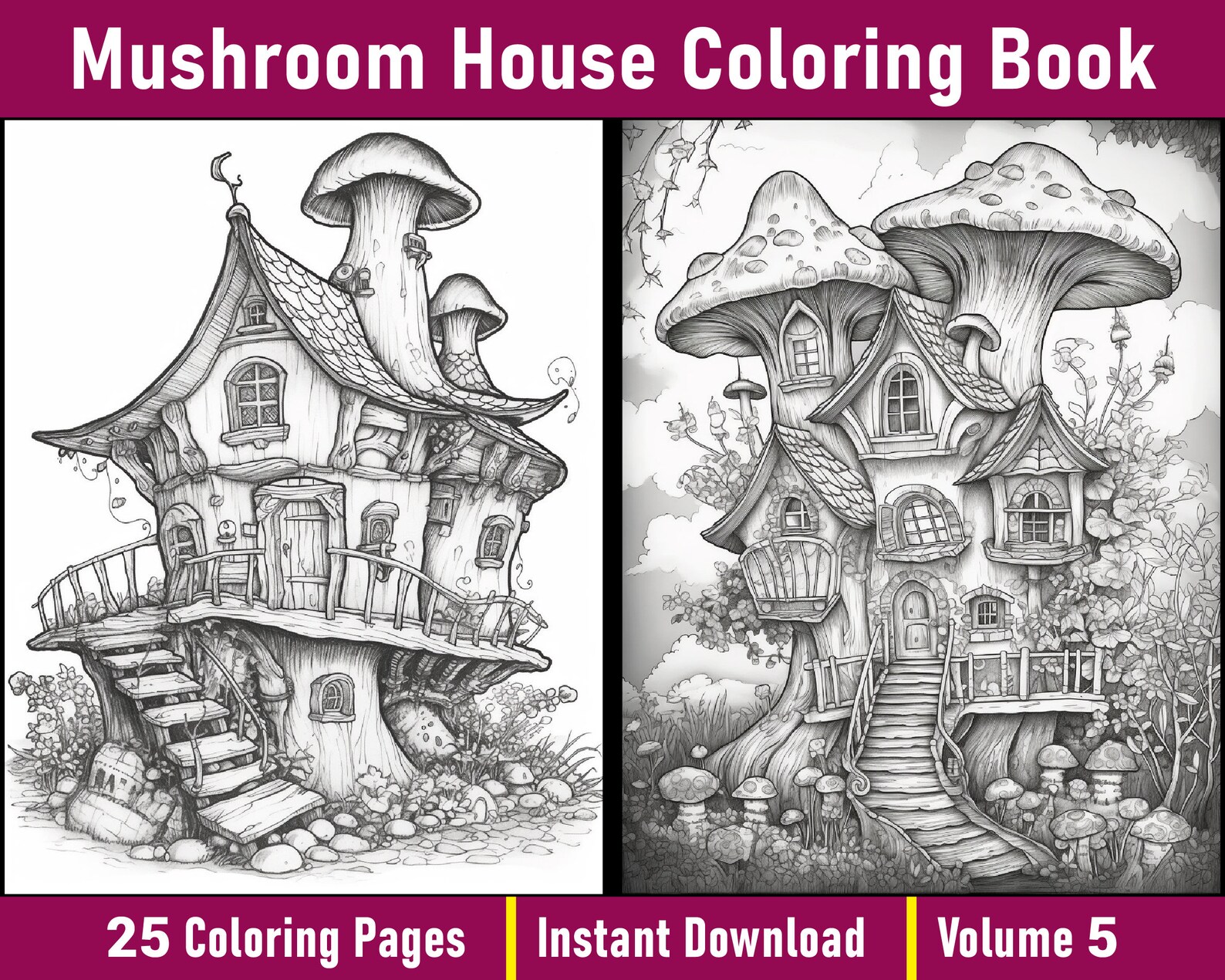 Mushroom House Coloring Book | Grayscale Fairy Tale Art (printable PDF ...