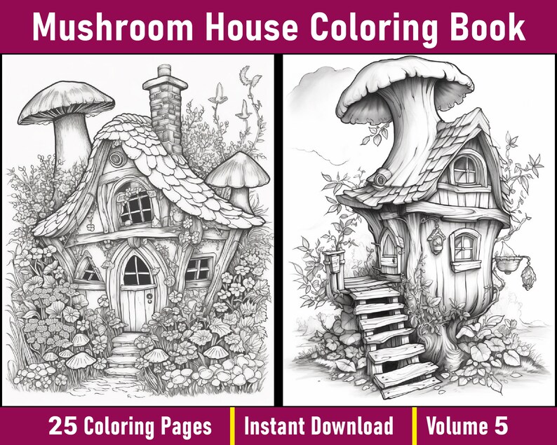 Mushroom House Coloring Book | Grayscale Fairy Tale Art (printable PDF ...