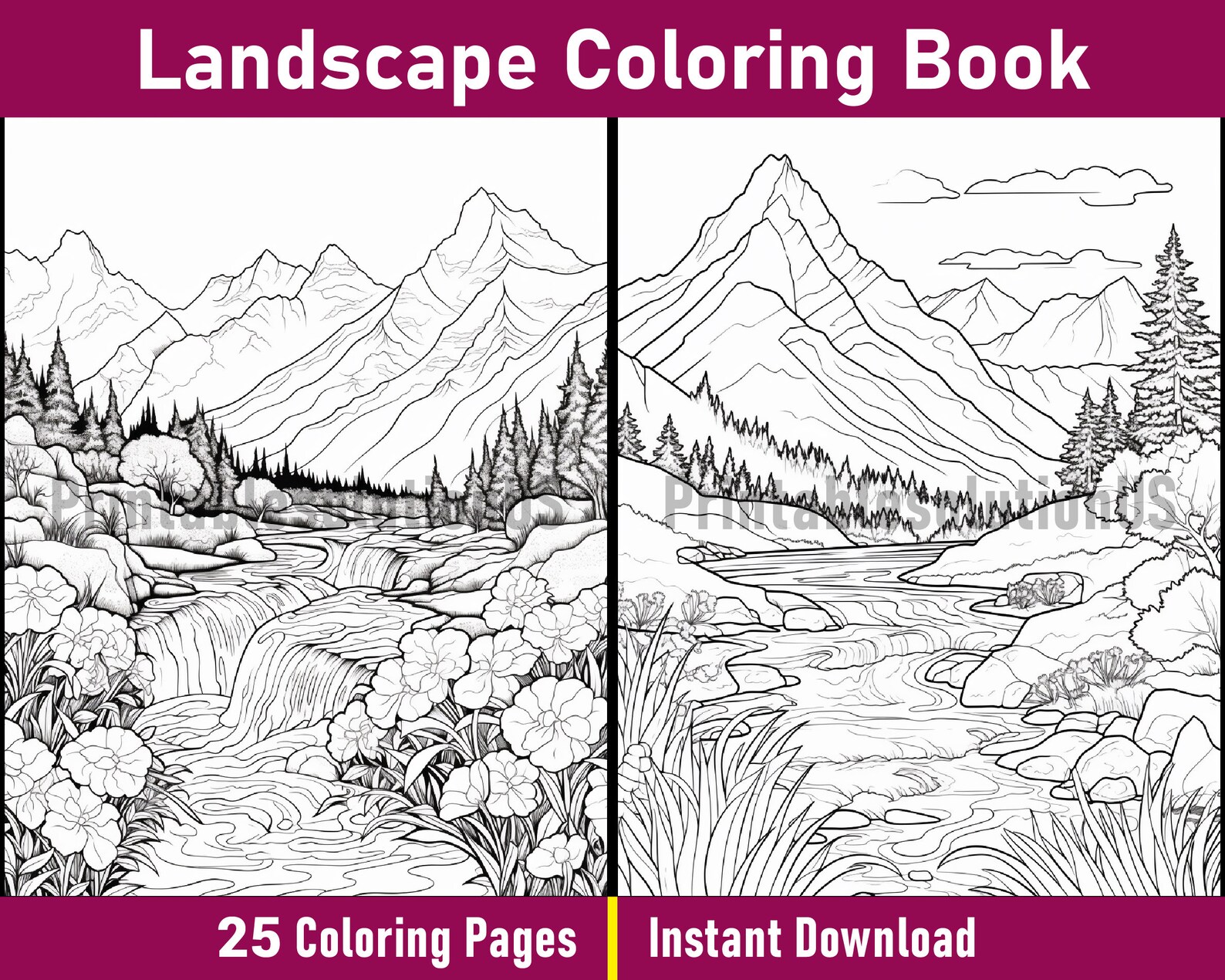 Landscape Coloring Book Printable Landscape Coloring Pages Black and White Forest Colouring Book ...