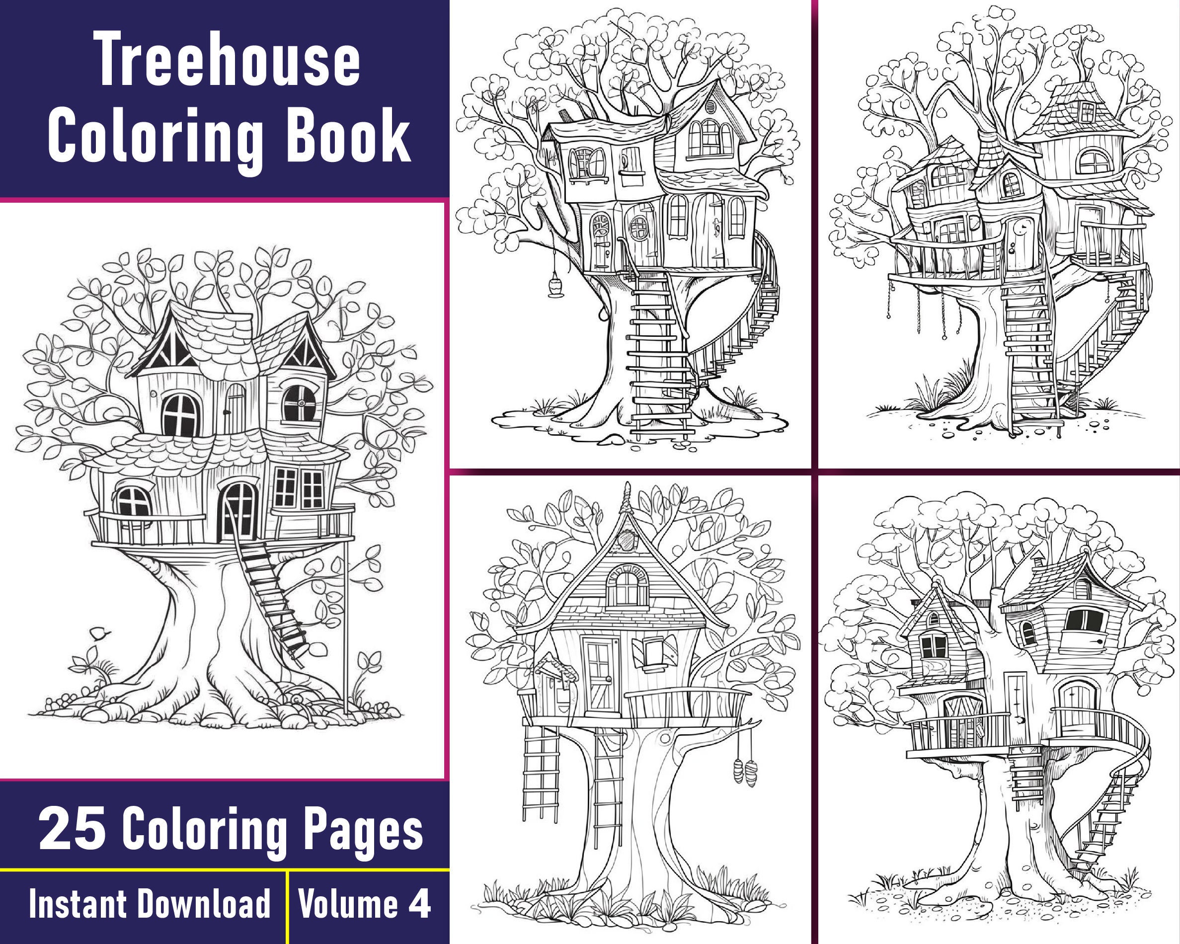 Enchanted Treehouse Coloring Book | Grayscale Illustrations (printable ...