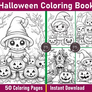 Lindas páginas para colorear Kawaii para adultos y niños / Páginas para colorear de Halloween / Libro para colorear en escala de grises / Archivo PDF imprimible / Descarga instantánea