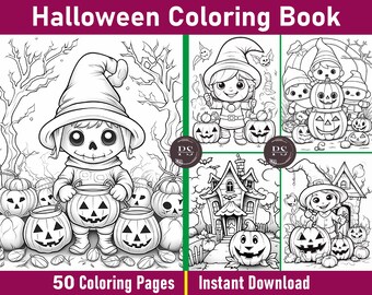 Kawaii Halloween Coloring Book | Cute Grayscale Pages (Printable PDF)