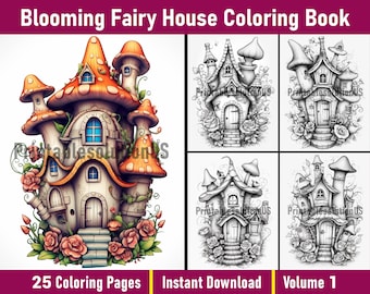 Fairy House Coloring Book | Blooming Houses, Grayscale (Printable PDF)