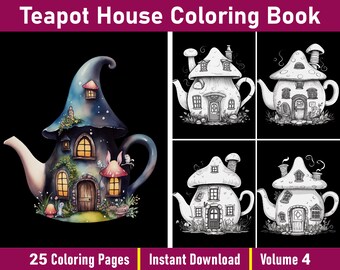 Teapot Fairy House Coloring Book | Black Background Grayscale (PDF File)