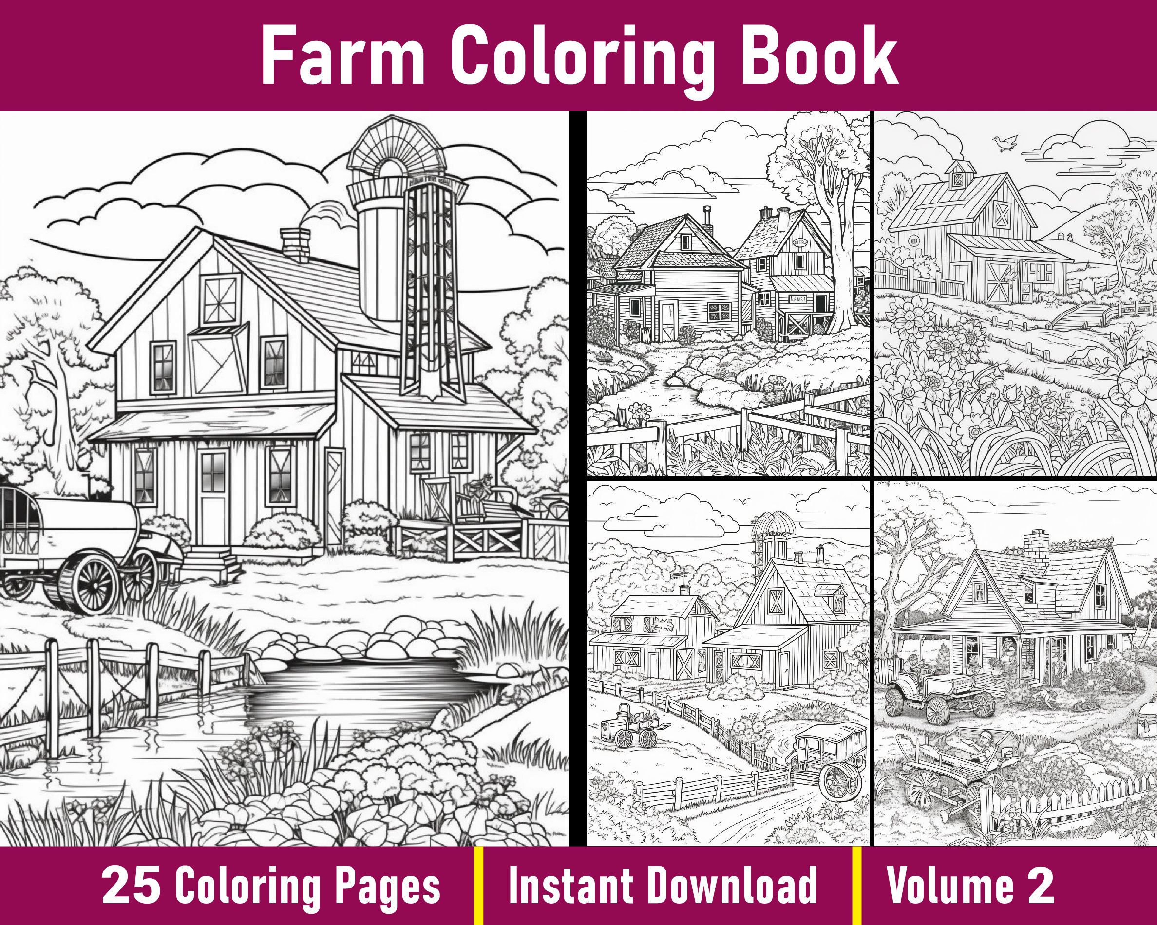 Farm Coloring Book Volume 2 | Farm Coloring Pages Printable | Grayscale
