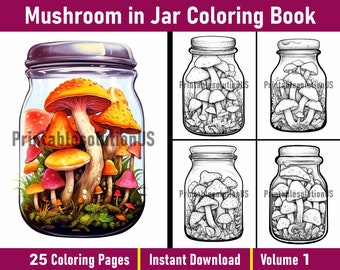 Mushroom in Jar Coloring Book Pages Vol-1 | Enchanted Mushroom Coloring Pages | Grayscale Colouring Book | Printable PDF | Instant Download