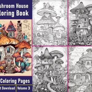 Mushroom House Coloring Pages Vol-3 | Fairy House Mushroom Coloring Book | Grayscale Coloring Book | Printable PDF File | Instant Download