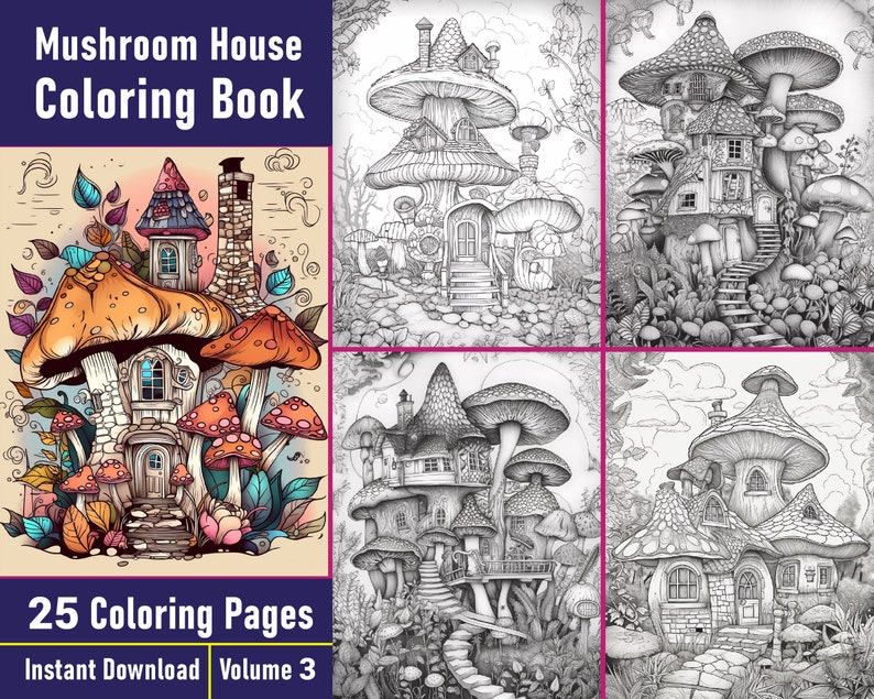 Mushroom Fairy House Coloring Book | 25 Grayscale Pages (printable PDF ...
