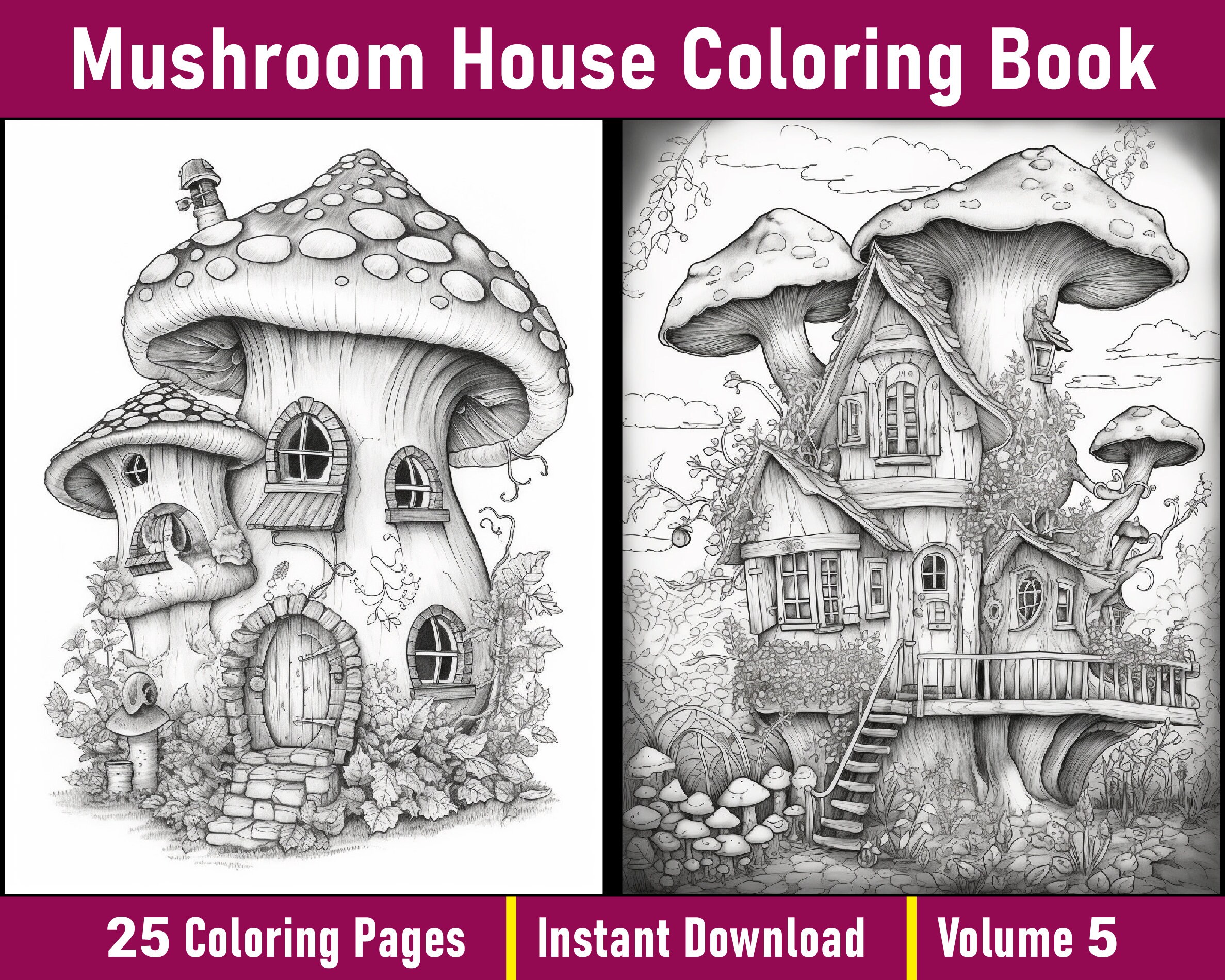 Mushroom House Coloring Book | Grayscale Fairy Tale Art (printable PDF ...