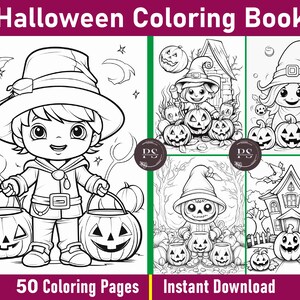 Lindas páginas para colorear Kawaii para adultos y niños / Páginas para colorear de Halloween / Libro para colorear en escala de grises / Archivo PDF imprimible / Descarga instantánea