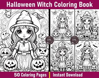 Halloween Witch Coloring Page | Halloween Coloring Book for Adults and Kids | Grayscale Colouring Book | Printable PDF | Instant Download