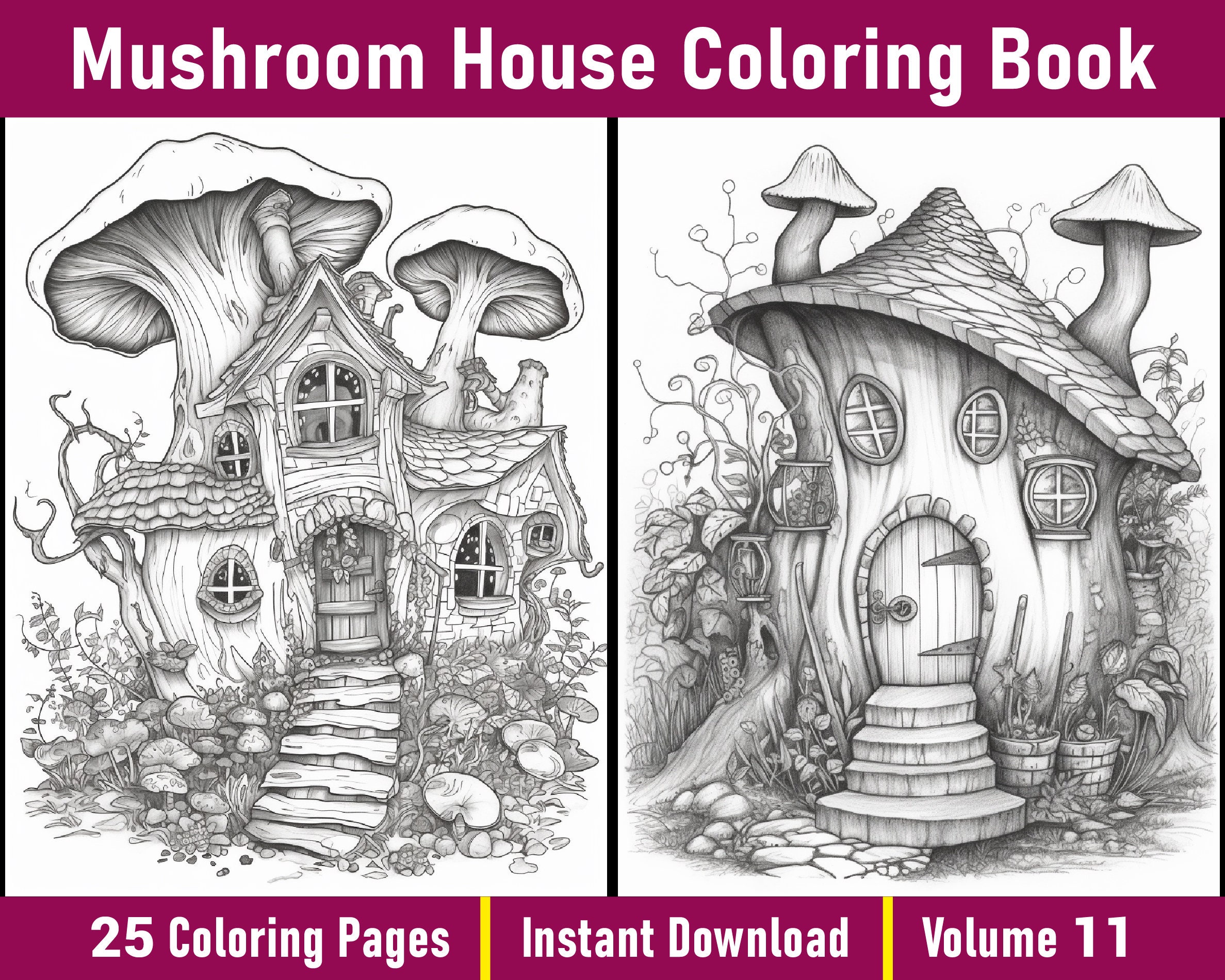 Mushroom House Coloring Book | Grayscale Fairy Homes (printable PDF) - Etsy