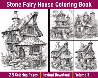 Stone Fairy House Coloring Book | Grayscale Fantasy Art (Instant Download)
