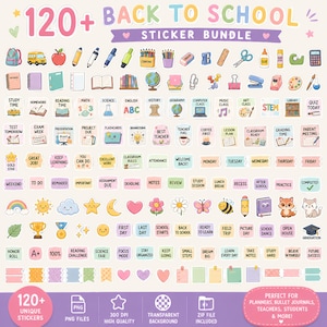 Peut inclure: Un ensemble de plus de 120 autocollants numériques sur le thème de l'école, incluant des sacs à dos, des bus, des fournitures scolaires et des icônes éducatives. Le lot contient diverses étiquettes textuelles pour agendas et planificateurs.