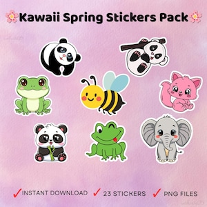 Peut inclure: Pack d'autocollants Kawaii Spring avec des illustrations d'animaux mignons, dont des pandas, des grenouilles, une abeille, un chat rose et un éléphant. Le pack comprend 23 fichiers PNG disponibles en téléchargement immédiat.