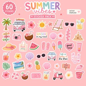 May include: A digital sticker pack featuring 60 summer-themed illustrations on a pink background. Icons include a pink van, palm tree, hibiscus flowers, sun, beach chair, sunglasses, surfboard, sandcastle, watermelon, flip flops, and text.