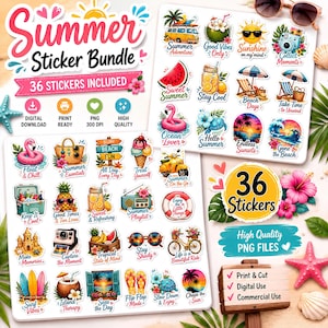 36 Summer Stickers Bundle PNG, Tropical Beach Stickers, Digital Summer Sticker Pack, Cute Vacation Stickers, Planner Stickers,Printable PNG.