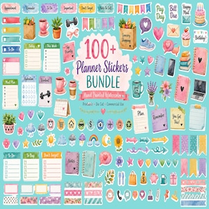 Peut inclure: Une collection d'autocollants de planification à l'aquarelle comprenant diverses icônes, notamment des sacs d'épicerie, des tasses à café, des plantes, des cœurs, des étoiles, des flèches et des listes, avec le texte 100+ Planner Stickers BUNDLE.