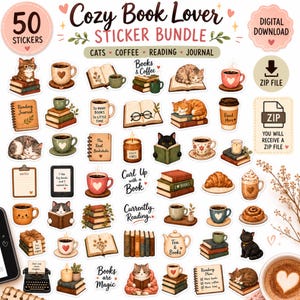 Bundel met stickers voor boekenliefhebbers met een gezellige sfeer | 50 leesstickers in PNG-formaat | Kat, koffie, Kindle planner en dagboekstickers | Digitale download (ZIP)