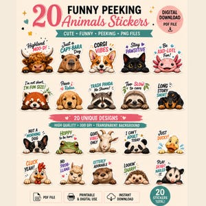 20 Funny Peeking Animals Stickers PNG PDF | Cute Digital Stickers for GoodNotes iPad Planner Scrapbook Journaling Instant Download