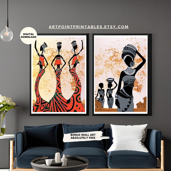 Art africain, Ensemble de 2 estampes, art mural afro-américain, peinture de paysage africain, décor africain femme noire art ethnique rétro impression d’art..