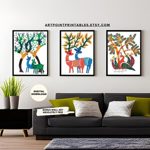 Gond art set of 3 wall art Indian art gallery wall set Indian decor Rajasthani Painting colorful wall art bird lover gift digital download