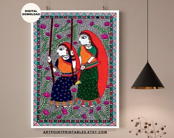 Madhubani Painting, Two Women on Swing, Indian Wall Decor (Digital Download)