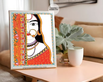 May include: A framed artwork featuring a traditional Indian woman's portrait. The artwork showcases vibrant colors, including red, orange, and gold, with intricate details. The text "DIGITAL DOWNLOAD" is visible. The website address "artpointprintables.etsy.com" is also visible.