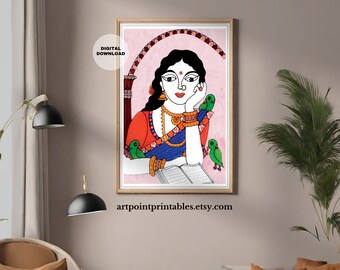 Lesende Frau Madhubani Kunstdruck, indische Volkskunst (Digitaler Download)