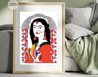 May include: A digital art print of a woman with black hair and a red and green outfit. She is wearing a nose ring and earrings. She is holding a white bird with a colorful tail. The background is white with a black and white border.