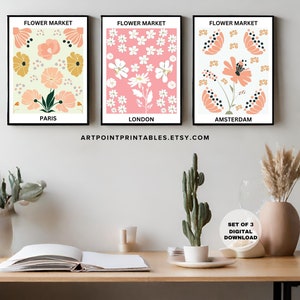 Flower market poster, wall art set of 3, Amsterdam, Paris, London, city prints, flower market, gallery wall set, botanical prints boho decor