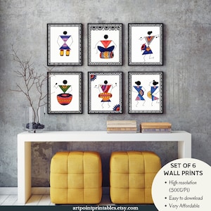 May include: Set of six printable wall art prints featuring black and white line drawings of people playing musical instruments. The prints are framed in black and displayed on a white wall above a white console table with two yellow ottomans.