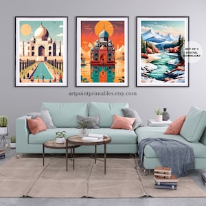 Indian art set of 3 wall art, India travel poster mid century modern art Indian decor gallery wall set boho decor Indian wall art printable