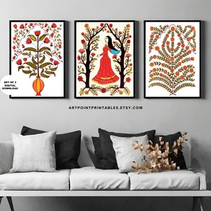 Indian floral Gallery wall set Indian art Pichwai Painting Indian wall art set of 3 Indian folk art Floral wall art printable Indian decor