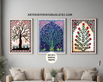 Pichwai Floral Art Prints, Set of 3, Indian Mughal Decor (Digital Download)