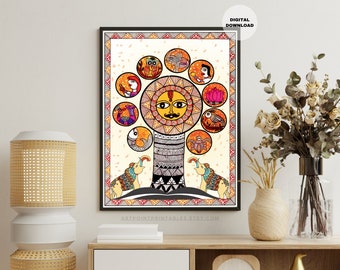 Madhubani painting, sun, tree of life, spiritual wall art, Indian wall art, Indian decor, Hindu Deities Illustration colorful wall art print