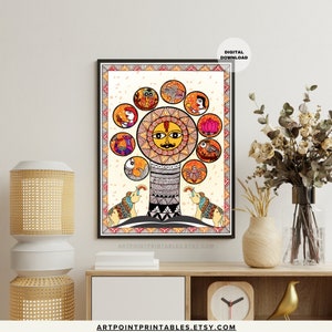 Madhubani painting, sun, tree of life, spiritual wall art, Indian wall art, Indian decor, Hindu Deities Illustration colorful wall art print