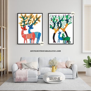 set of two gond art unframed painting Indian paintings t desi art set of two wall art printable Indian folk art scenic painting reindeer art