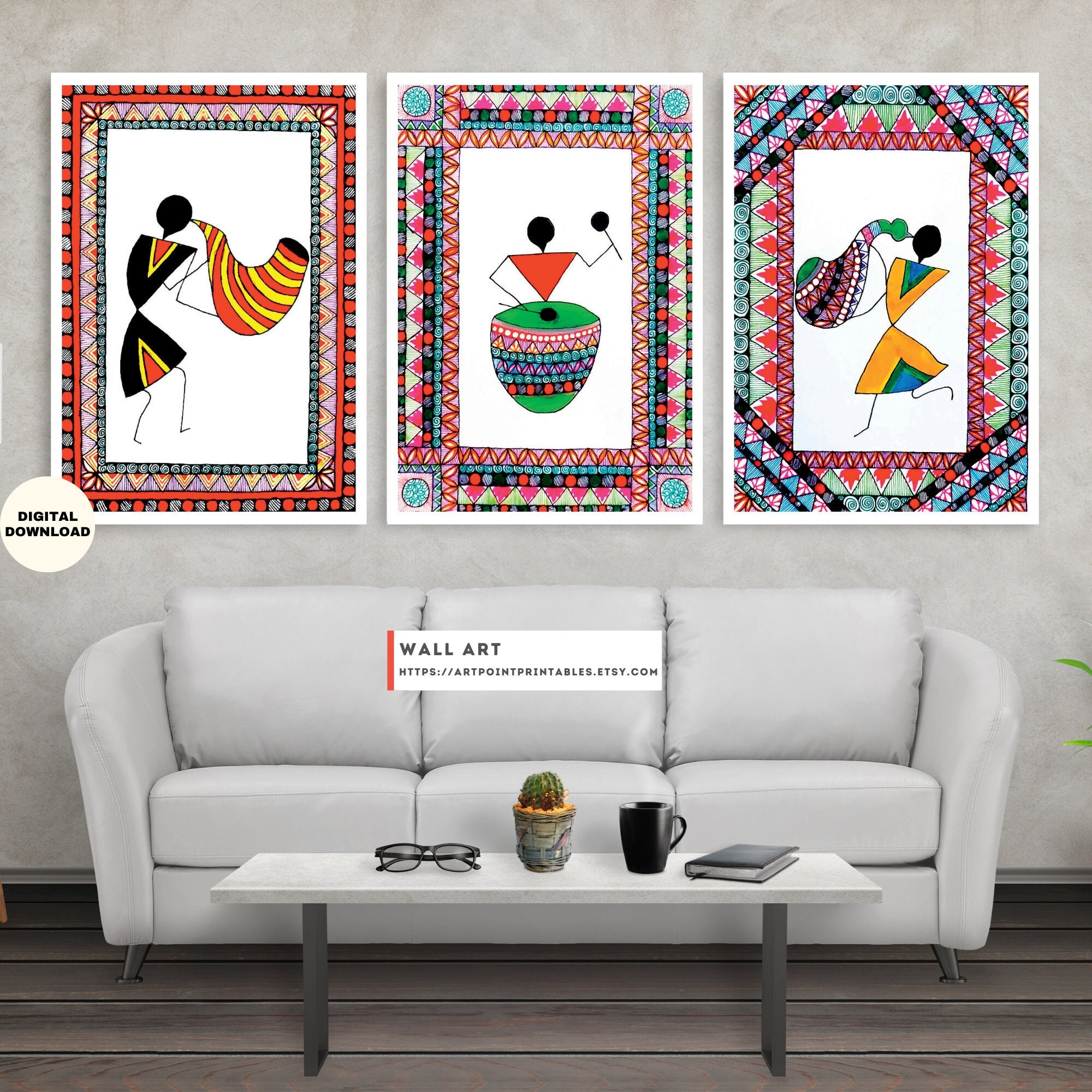 Warli Painting Set of Three Prints, Indian Painting Warli