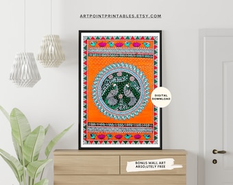 Madhubani Peacock Painting, Indian Folk Art Print (Digital Download)