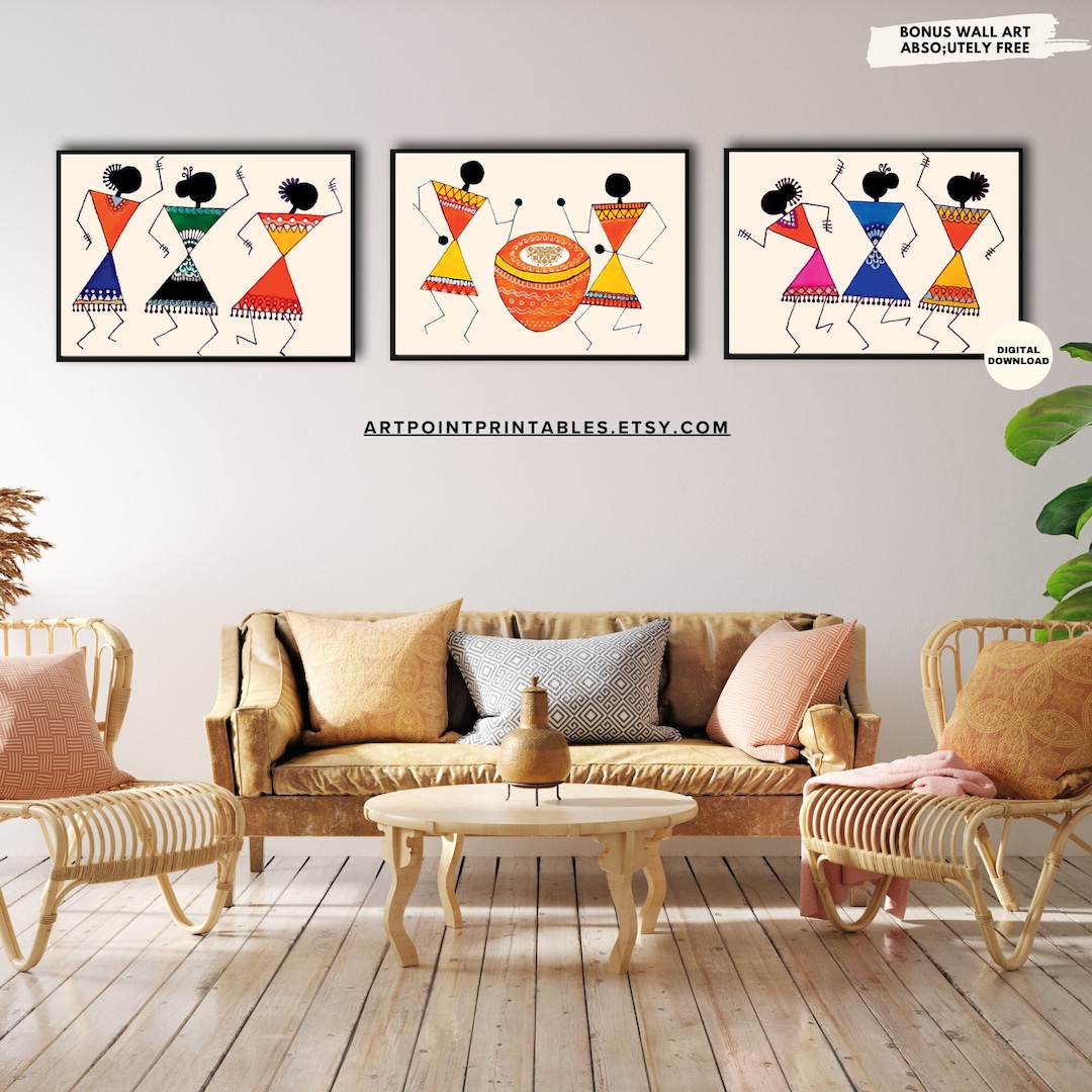 Warli Painting, Set of Three Print, Hand Painted, Music Art