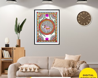 Madhubani Elephant Mandala Art Print | Indian Folk Art (Digital Download)