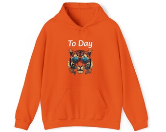 May include: Orange hoodie with a white graphic of a tiger wearing sunglasses and the text "To Day".