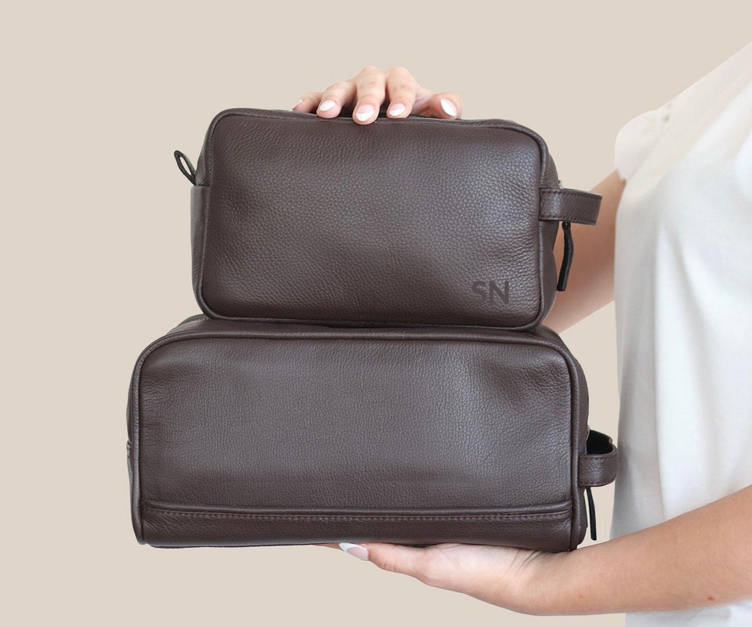 Custom Leather Toiletry Bag, Personalized Leather Dopp Kit Double