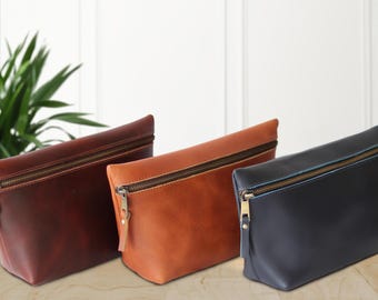 Personalized Leather Makeup Bag, Bridesmaid Gift, Lined Toiletry Bag